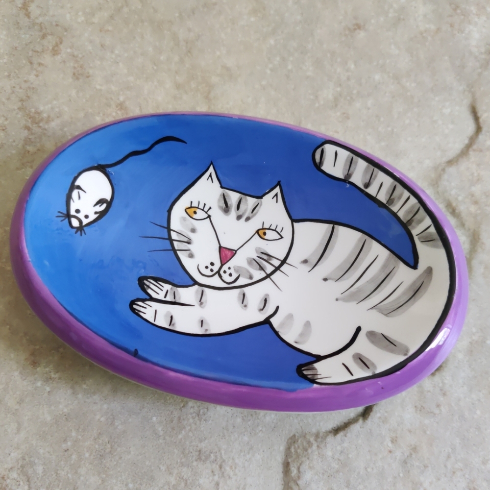 Vintage Chaleur Happy Dog and Cat Mouse Fish Soap Dish Karen Gelff